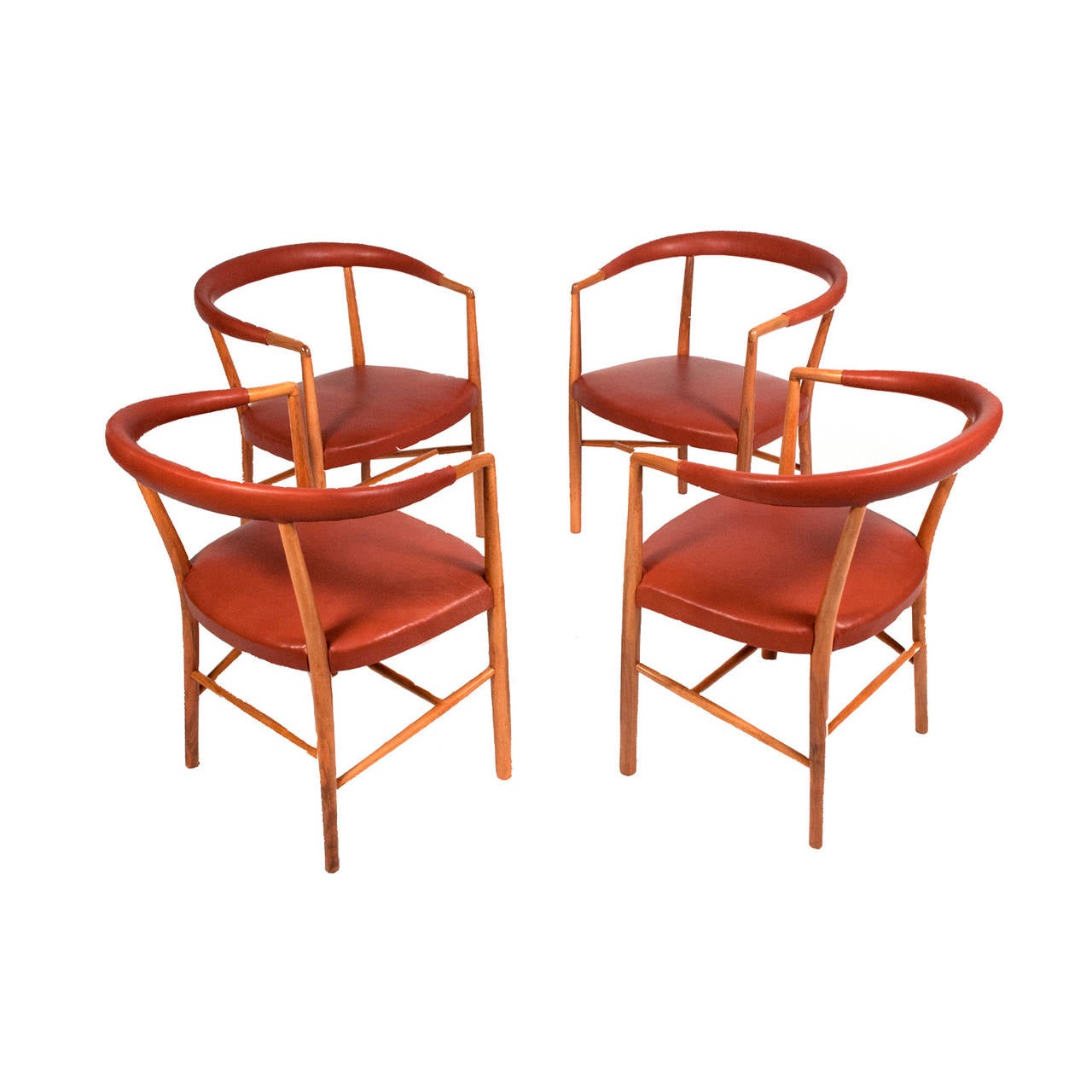 Hard to find set of four UN chairs originally design in 1948 for the UN I, New York. Those examples are walnut and new leather upholstery. Retains label, Jacob Kjaer model Handvaerk, Udfort, 1954.