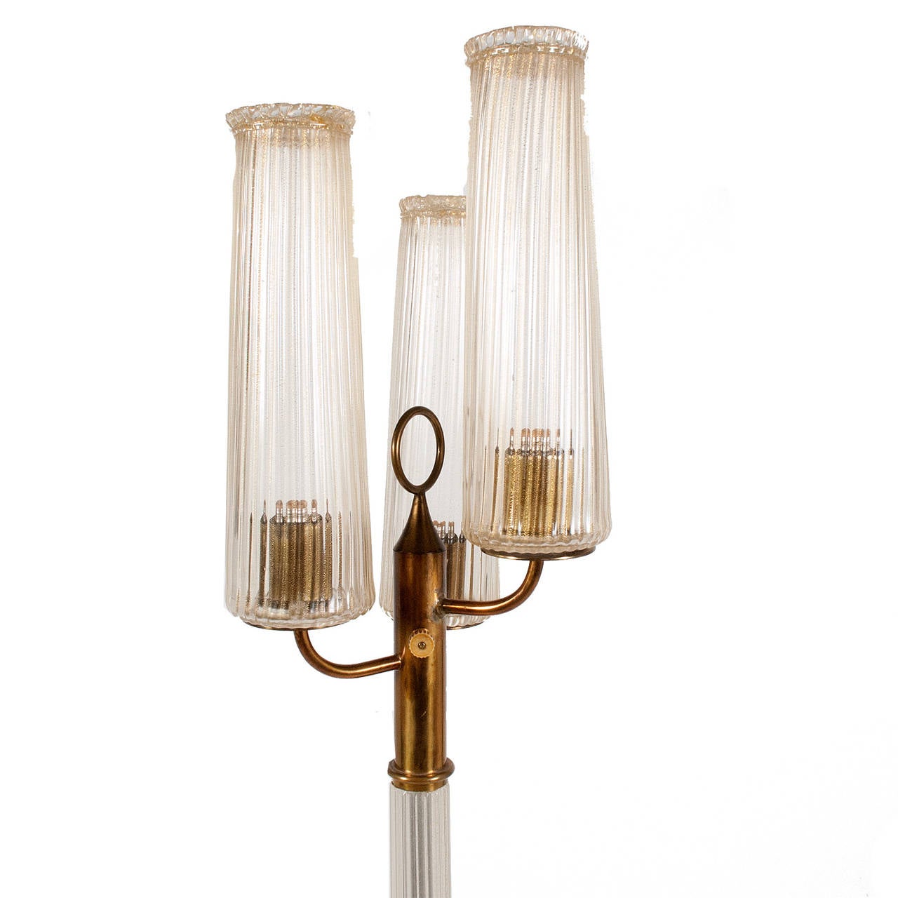 Three shade Murano floor lamp, brass and clear glass with gold flakes.