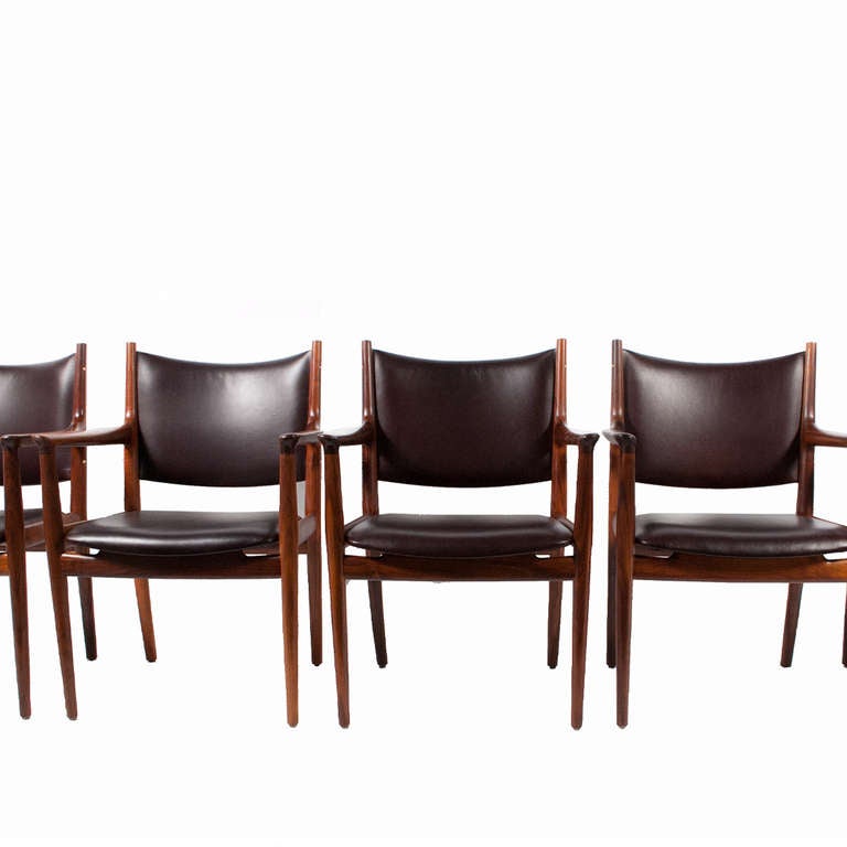 Rare large set, solid teak with new dark chocolate brown leather upholstery.  
Represented by Knoll from 1969-1978.  Retains Knoll labels and Johannes Hansen labels.knoll no.60.115
