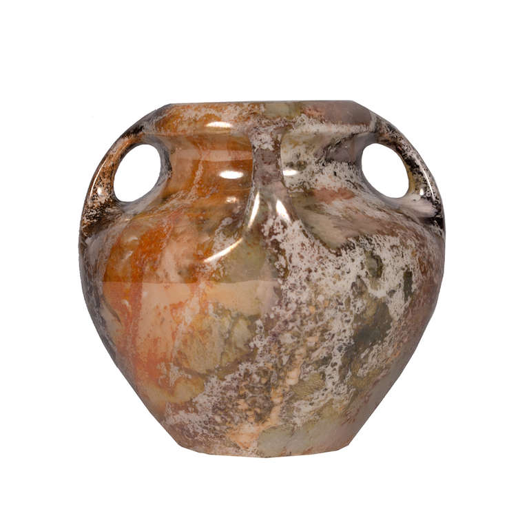 Lustre glazed marbleized pattern, amphora shaped vase.  Early marking on bottom, dating 1917-1927. Made by Arabia, Finland.