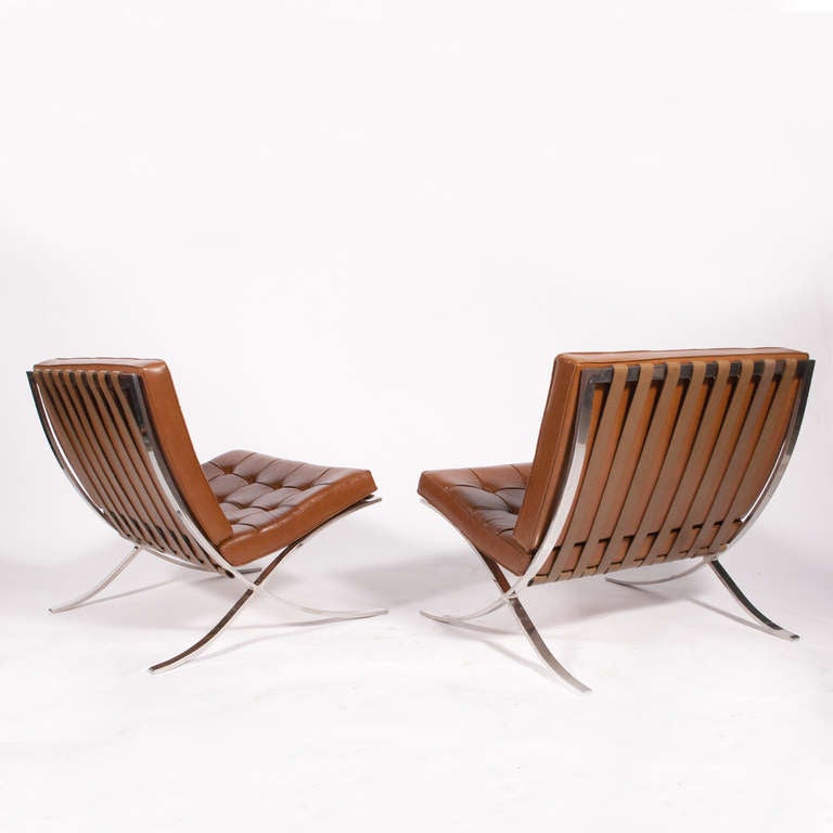 International Style 1970's Pair of Barcelona Chairs by Mies van der Rohe