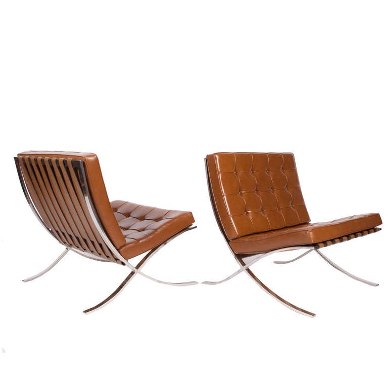 1970's Pair of Barcelona Chairs by Mies van der Rohe In Good Condition In Hudson, NY