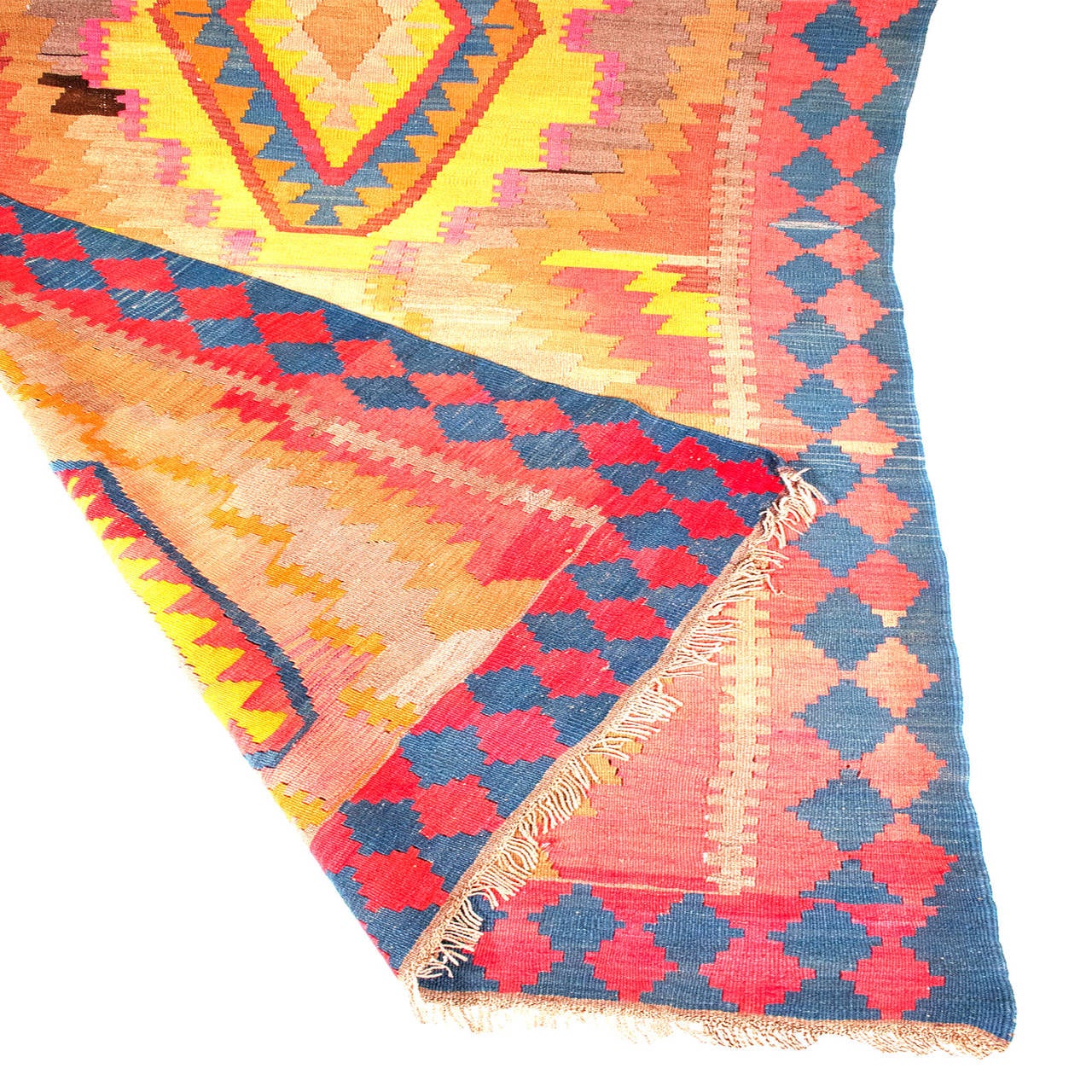 Very long geometric designs reversible Kilim runner multicolor vegetable dyed wool, measuring 14'10" long.