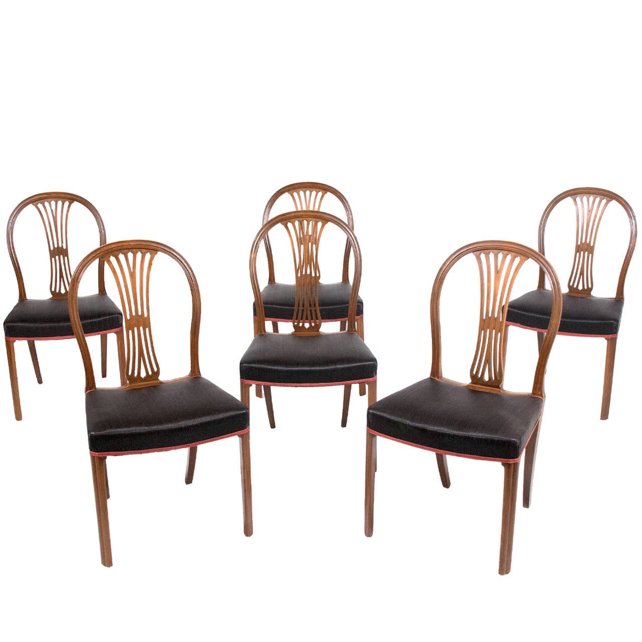 Set of six walnut stained beechwood dining chairs by Frits Henningsen from the 1930s, original horsehair seat upholstery.
