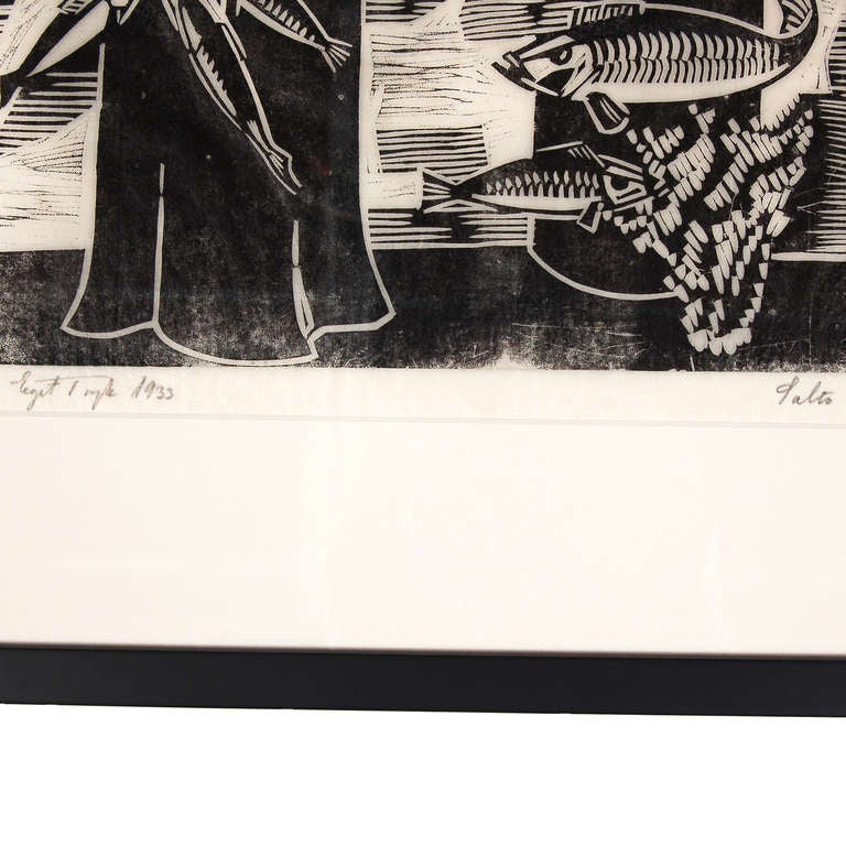 Signed and dated woodcut by Salto of underwater trees with fish. Signed by artist and noted "own print" (artists' proof).
Measurement in frame.