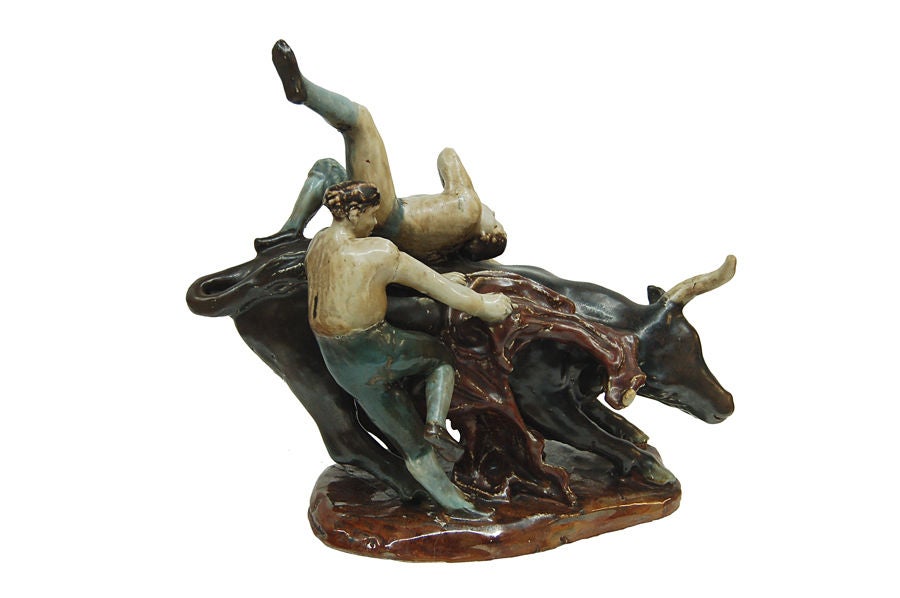 Early and large sculpture of bullfighters by Gauguin in glazed stoneware. Made by Bing and Grondahl, signed and dated.1935