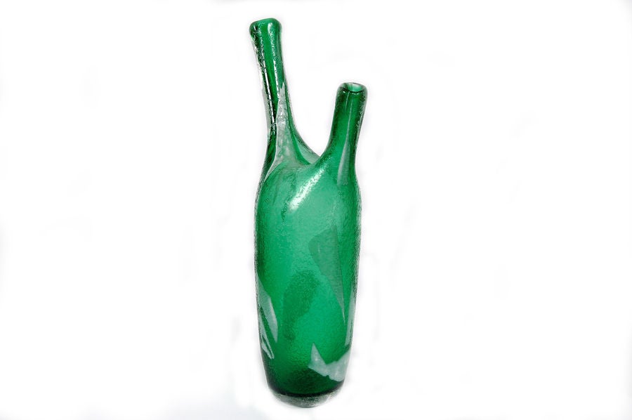 Rare two handle art glass vase, inner green layer with white decoration, clear corroso outer layer. Purchased in 1954 from the Seguso factory in Murano Italy.
