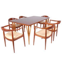 Rare Dining Table by Hans Wegner with Six Classic Chairs