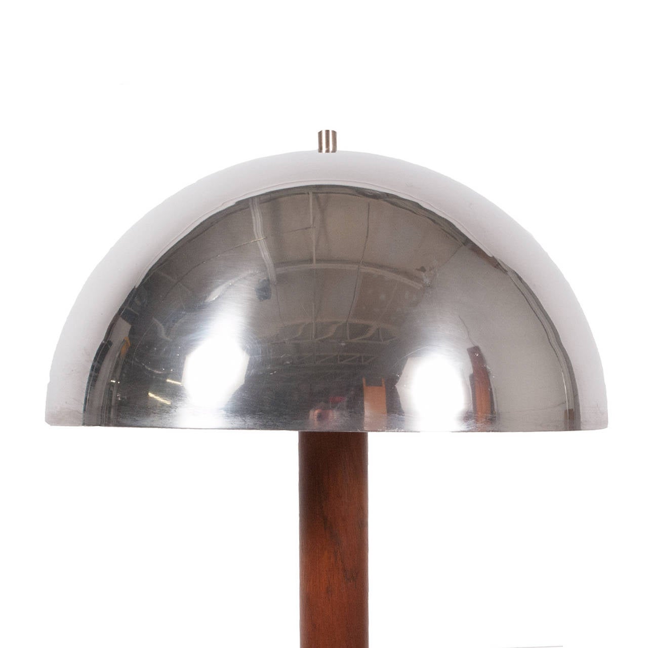 Rosewood stem with polished aluminum shade.  Enamel painted interior.  Three light bulb sockets.  Retains label.  Made by Laurel Lamp Mfg. Co.