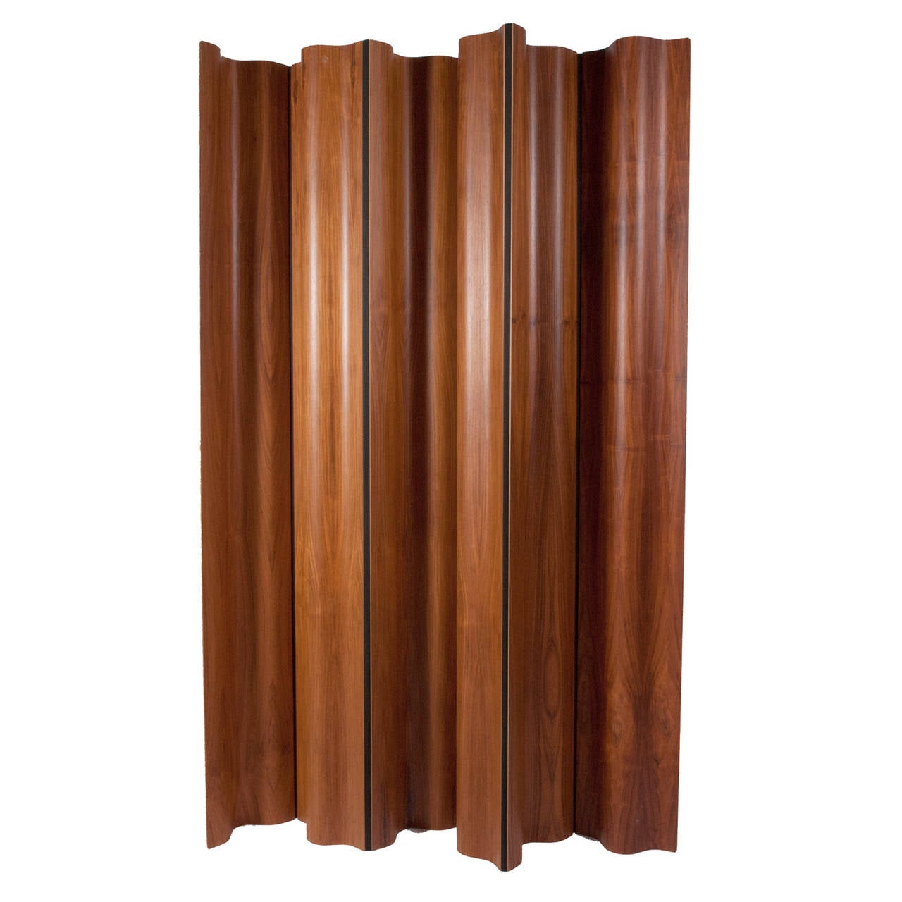 Rosewood folding screen with synthetic fabric strip connectors. Rosewood was discontinued in the late 1980s due to the unsustainable harvesting. Old rosewood stock used by Herman Miller for 500 each LCW and FSW-6 folding screen for their 50th
