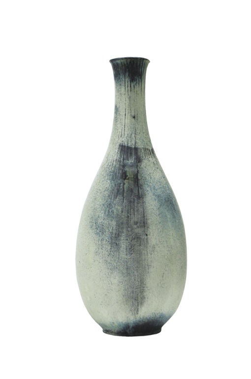 Large, classical form stoneware Art Deco vase by the artist Hammershøi, inspired by ancient Chinese bronze objects.  Multi-toned, light gray, green-blue and black glaze. <br />
Incised on bottom, HAK, signature for Herman A. Kahler.