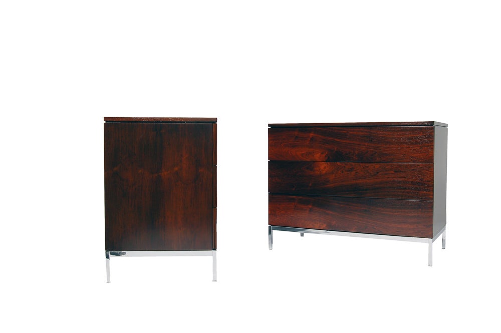 Great pair of chests in rosewood, three drawers each.  Very good restored condition. Made by Knoll Associates. 