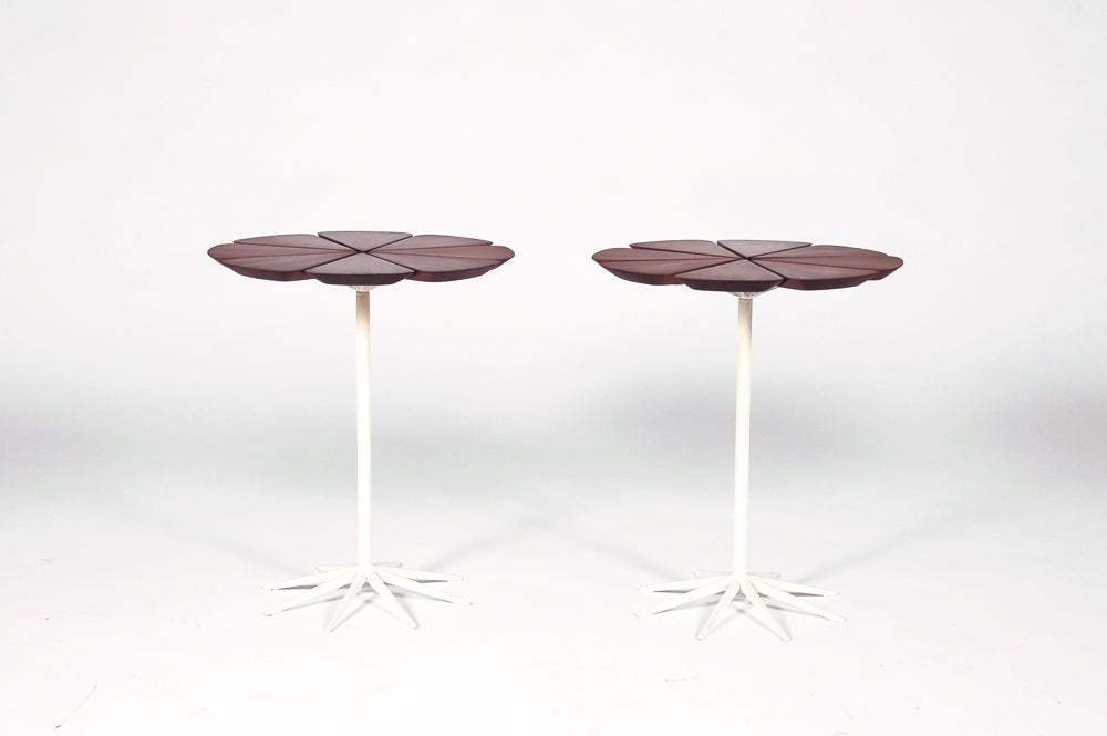 Very nice original pair of Petal side tables with redwood petals on white painted steel base.  Made by Knoll Associates. Price is reduced from $4200 pair to $3400 pair.