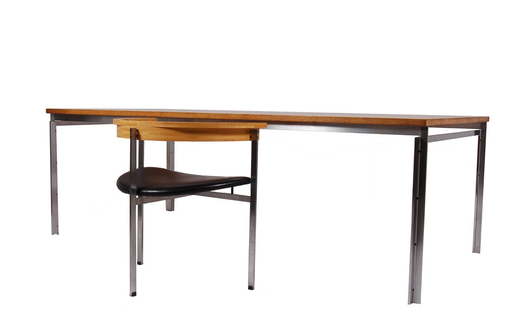 Oak top work table with matte chrome frame and legs. Purchased from a Danish architect. Table by E. Kold Christensen. PK-11 armchair no longer available.