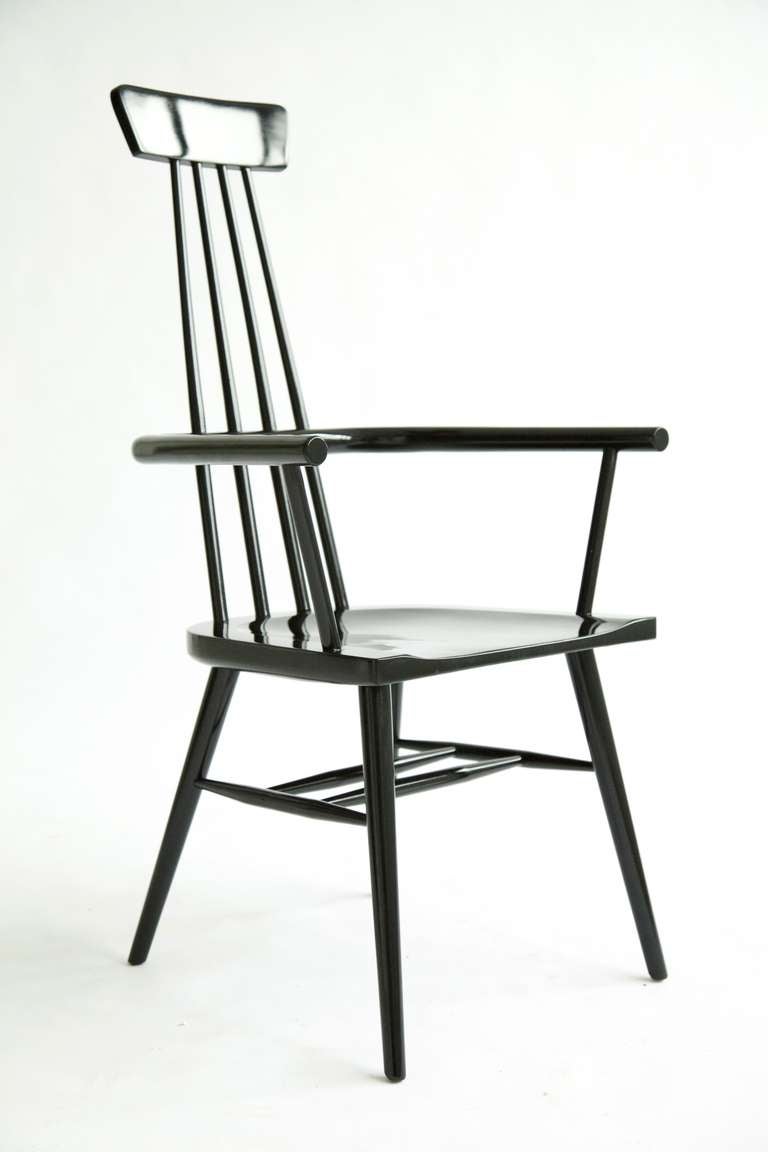 McCobb for O'Hearn modern take on classic Windsor chair.
This Chair has been restored and covered with black high-gloss lacquer.