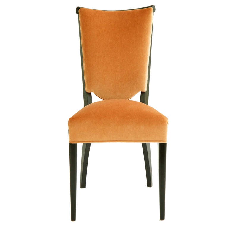 Set of 6 Dining Chairs, features high gloss french polish and reupholstered with Kravet mohair.