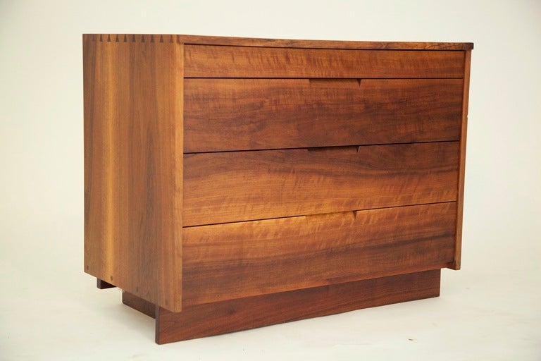 Nakashima Studio, 4 Dresser Drawer Cabinet
This is another very special piece because of the wood used to make this piece.  The case and drawer fronts are made from solid, highly figured Persian Walnut.  With the free edge on the front lip of the