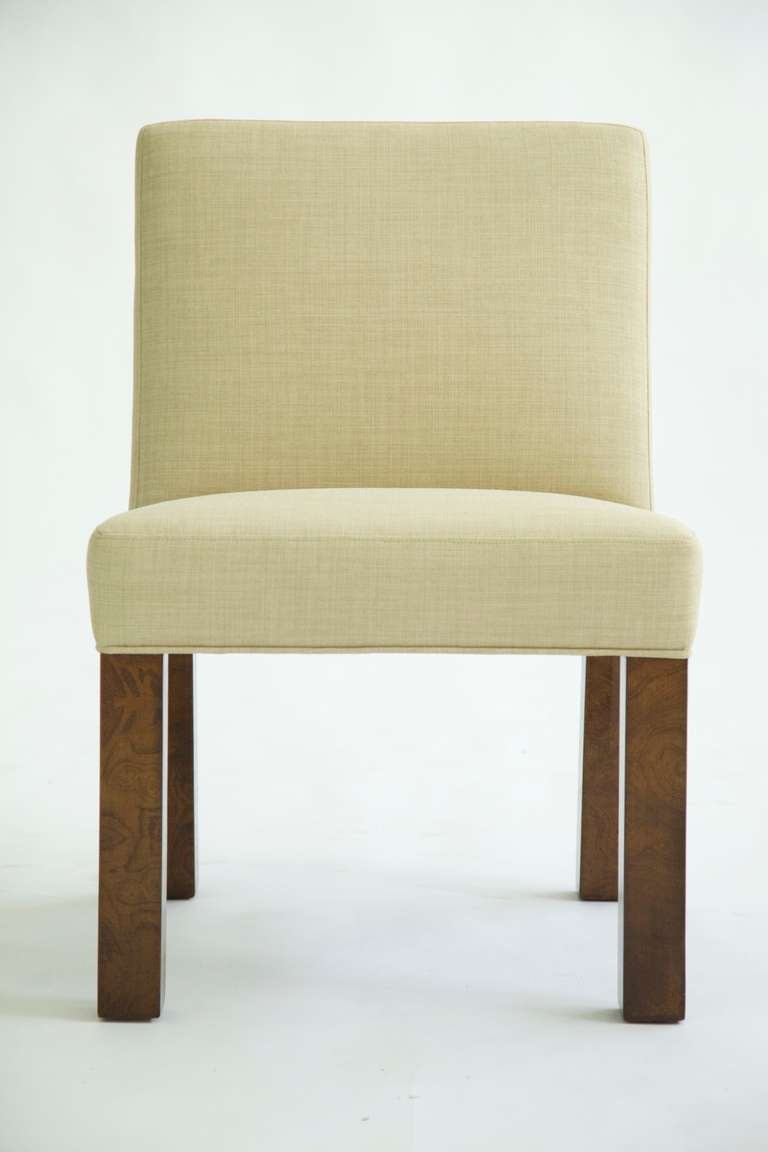 Baughman for Thayer Coggin, set of eight dining chairs, Parson style legs in olivewood. Reupholstered with cotton/poly blend.