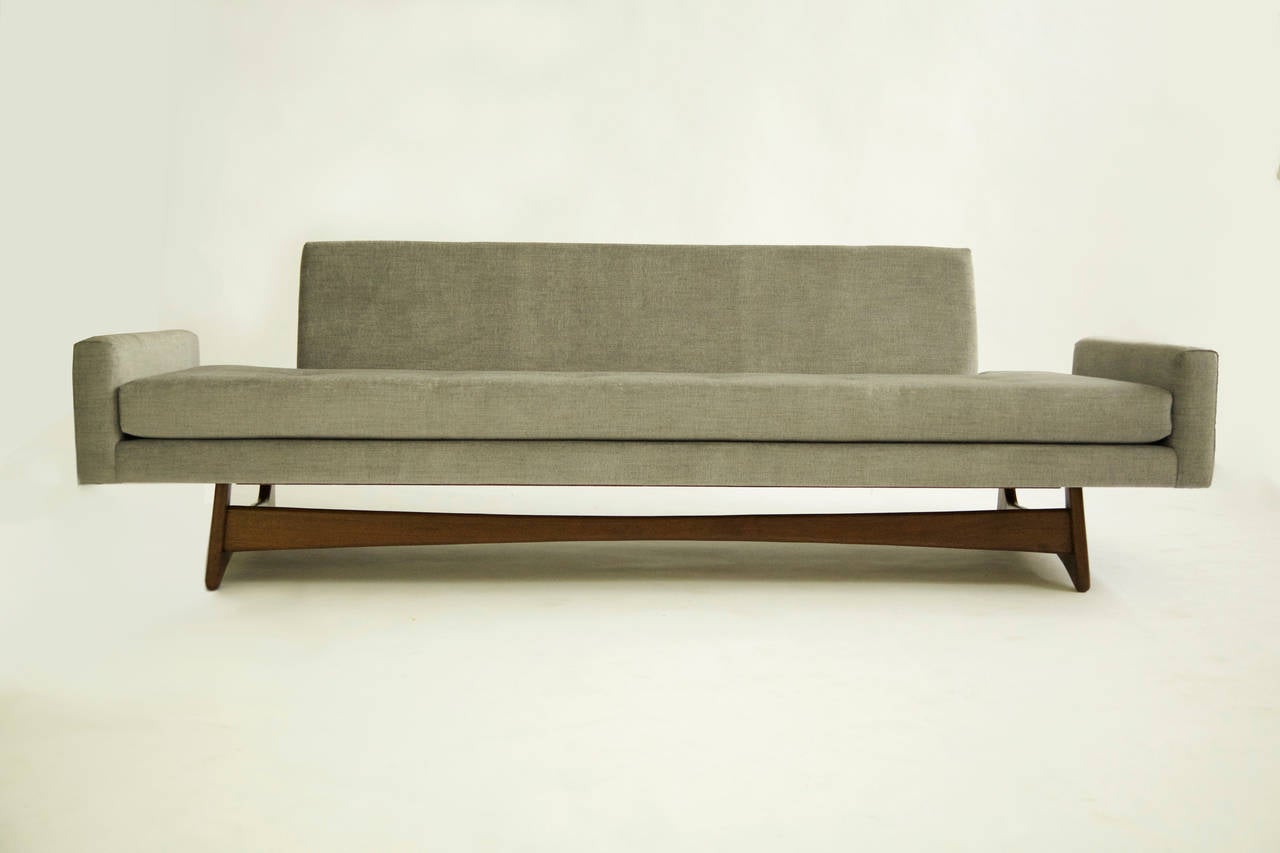 Sofa, Model No. 2408 fully restored and reupholstered with new foam. A fine example of a larger sofa with deep seats and sculptural base. Also Knife edge pillows are available with purchase.