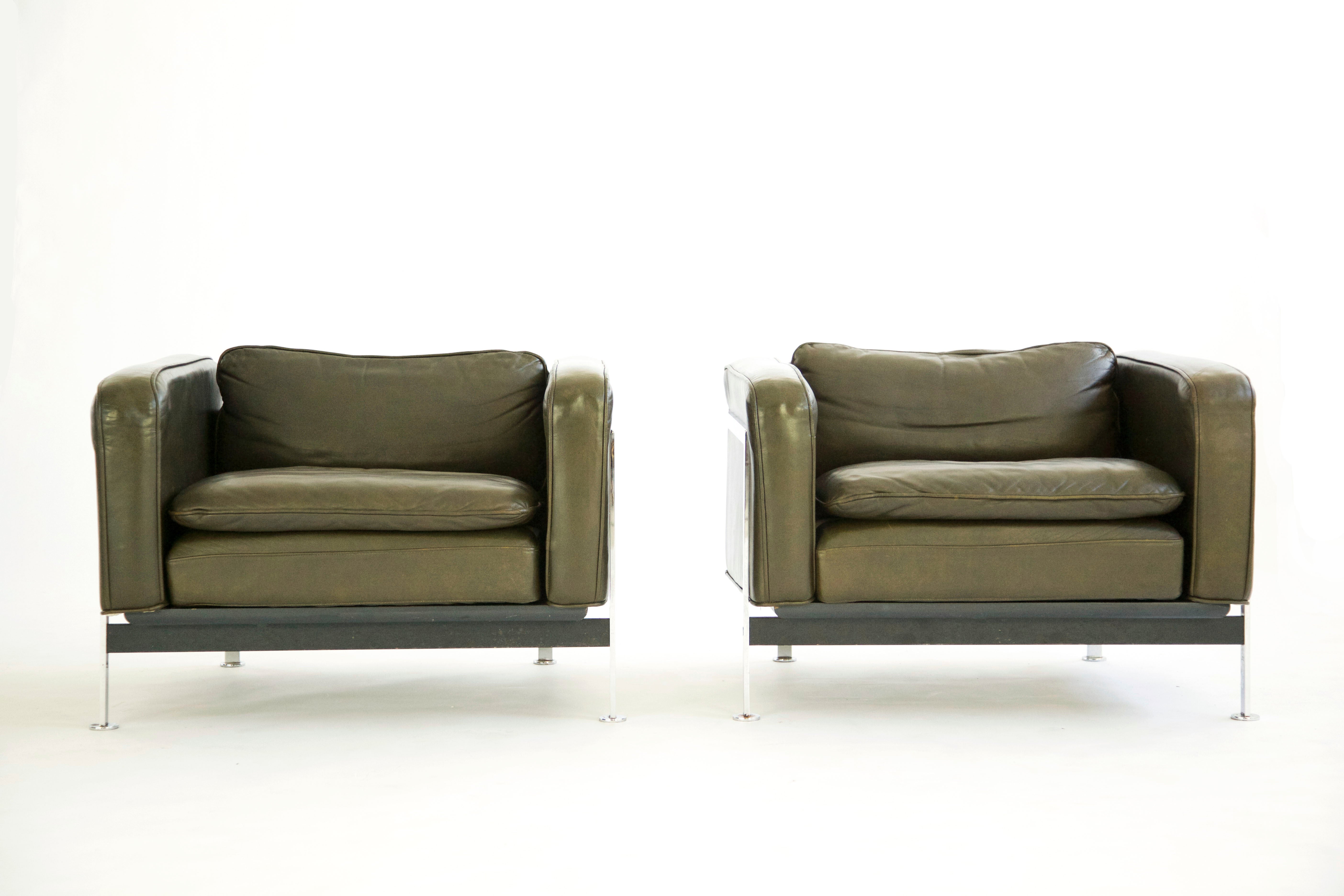 Pair of Robert Haussmann Green Leather Lounge Chairs