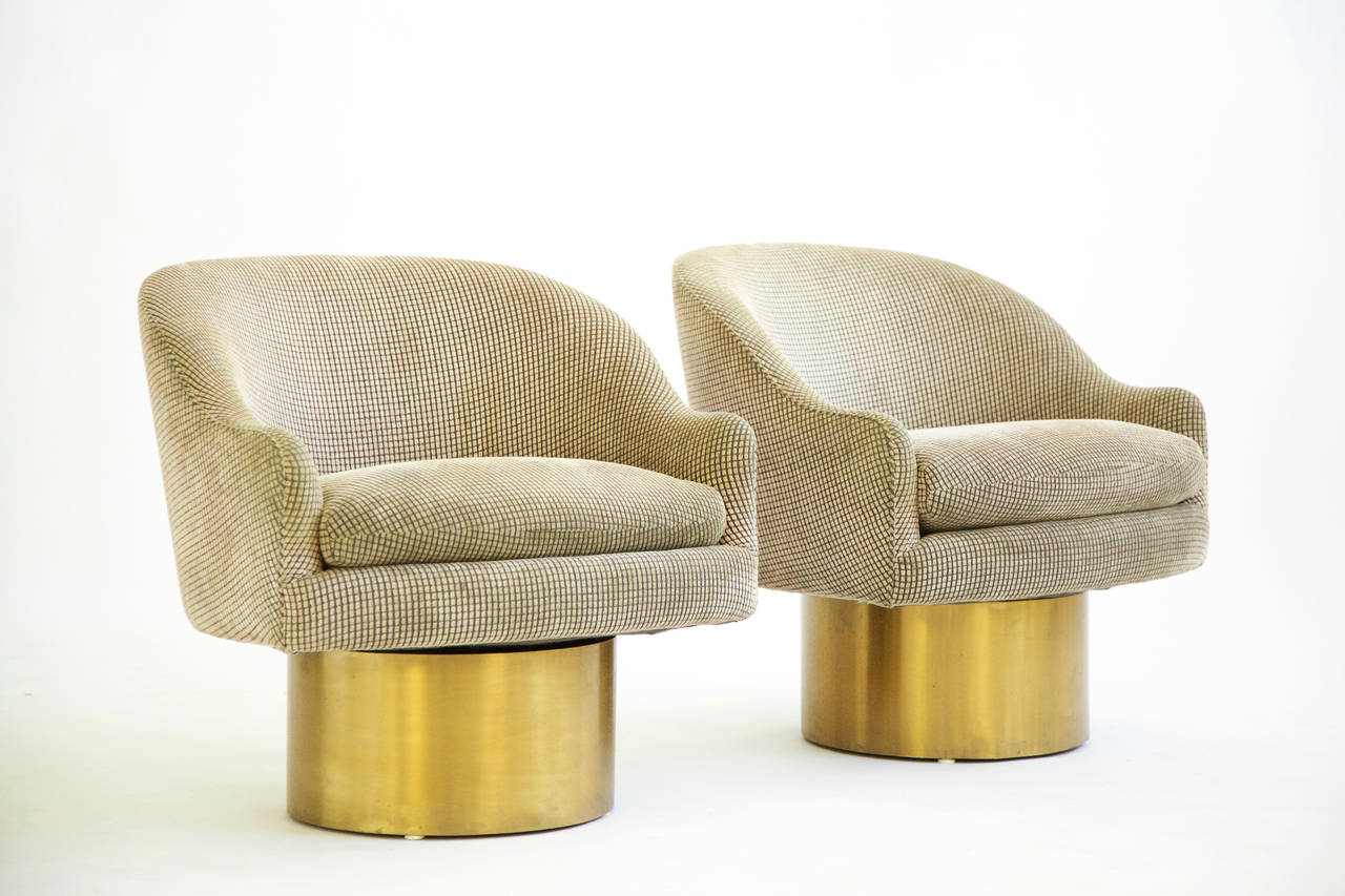 Rosen for pace pair of swivel lounges with bronze bases and cotton velvet window pane pattern original material.