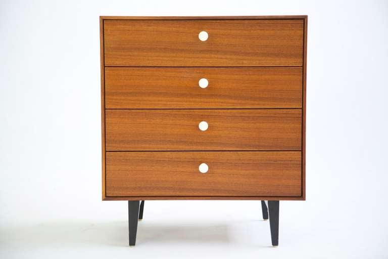 Nelson for Herman Miller set of three dressers. Great as nightstands, four drawer shown with teak wood and enameled covered pulls.