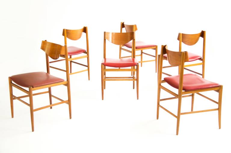 Set of six Gianfranco Frattini; teak and molded plywood dining chairs for Cassina.