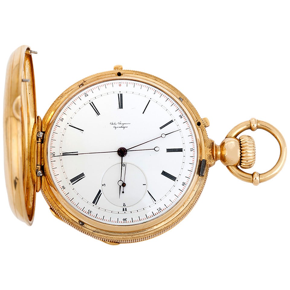 Jules Jurgensen Yellow Gold Two-Train Chronograph Hunting Case Pocket Watch