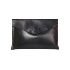 Retro Chanel 1980s Black Leather Portfolio Envelope Clutch Bag with Embossed CC