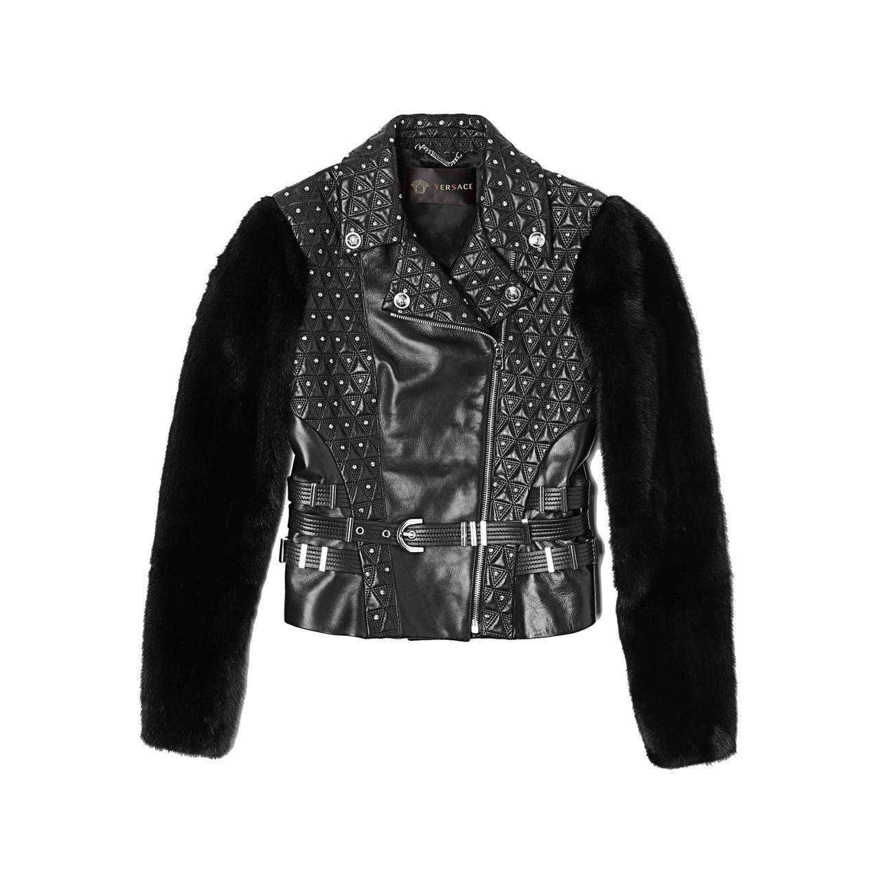 New VERSACE Studded Leather Moto Jacket With Mink Sleeves
