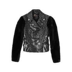 New VERSACE Studded Leather Moto Jacket With Mink Sleeves