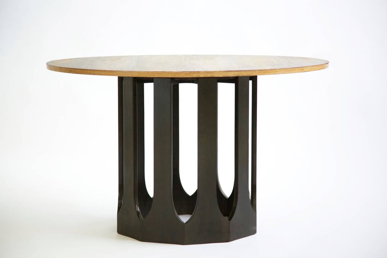 Probber design for Probber Inc. dining table, inverted arch mahogany base with bleached rosewood bookmatched veneer.