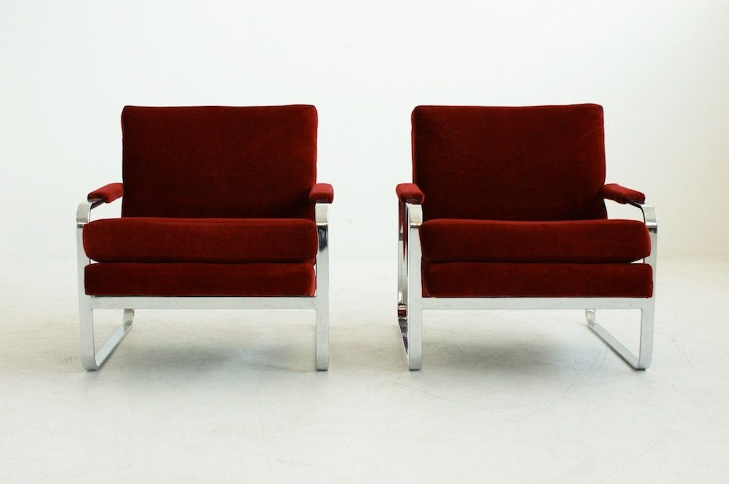 Baughman for Thayer Coggin, Pair of Lounge Chairs with padded arms. Upholstered with dark red velvet.<br />
 Additional dims: Back height from seat 17.5