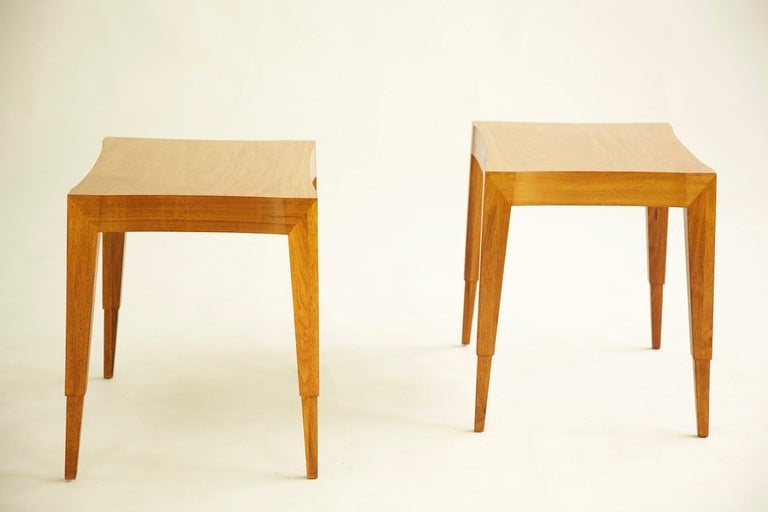 Johann Tapp for Gumps: Pair of end tables, model 3084.
Hour glass top with tapered legs. Signed Tapp 