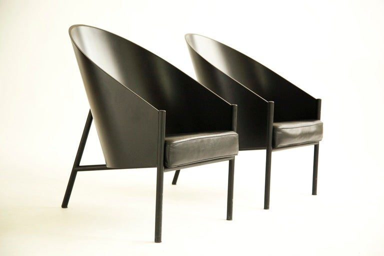 Pair of STARCK Three-Leg Lounges for Aleph
Black lacquer and metal with leather seats
