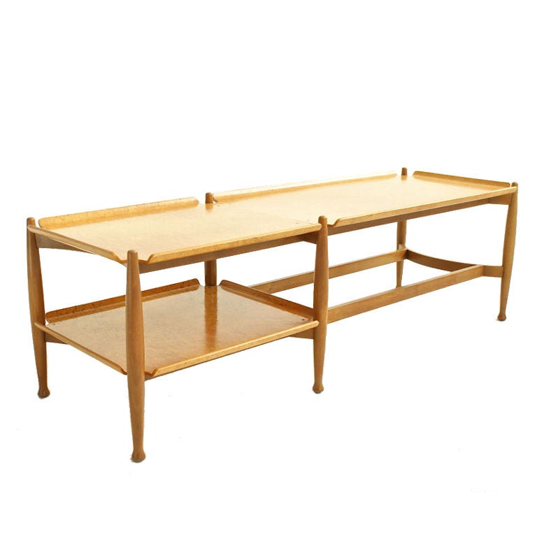 Wormley for Dunbar, Rare coffee table, with tray design and asymmetric lower level shelf creating negative space.