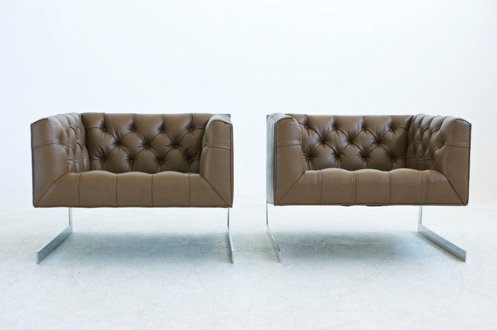 Baughman for Directional, Pair of Prototype lounge Chairs: This pair was the first of this rare cantilevered version and was in The Merchandise Mart Plaza's Directional Showroom.<br />
Additional Dimensions: Seat height 16