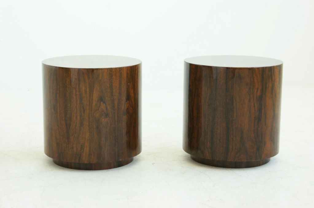 Baughman form Directional, Pair of drum end table, in rosewood with inset plinth base. These were a one off pair for the Directional Showroom and were never went in production.