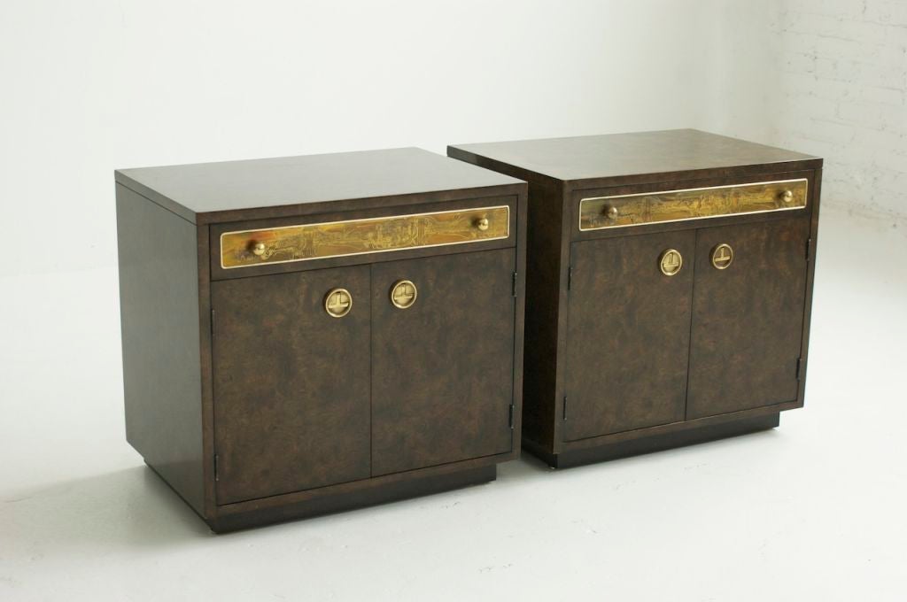 ROHN for Mastercraft, Pair of nightstands, with acid etched details and beautiful burled wood.
recessed pulls plinth bases.