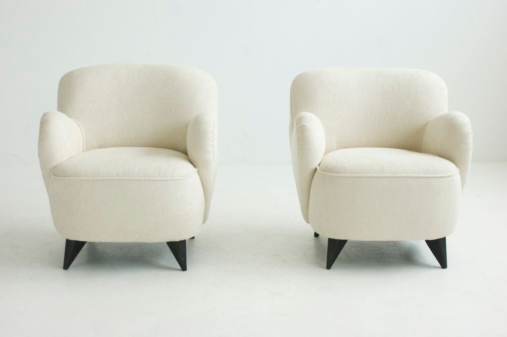 VLADIMIR KAGAN, Pair of Barrel Chairs, Reupholstered with Great Plaines fabric.<br />
Additional dims:<br />
From the floor to the piping seat edge of the seat is16.5