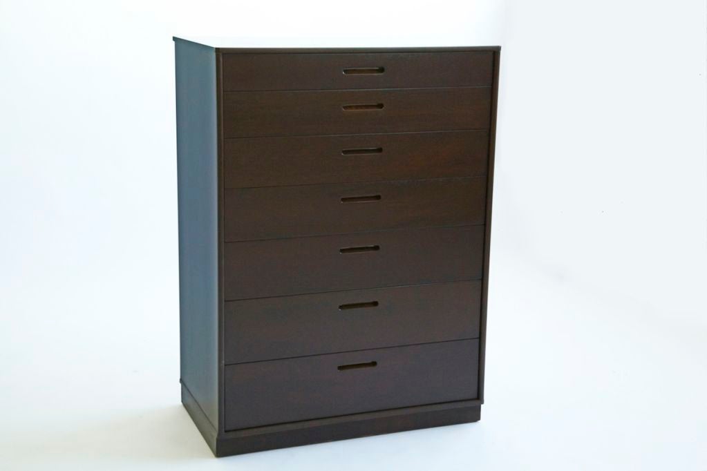 Edward Wormley for Dunbar, Pair of Dressers from the 3500 Series; Seven Drawer with recessed pulls, radius corners and leather covered plinth bases.