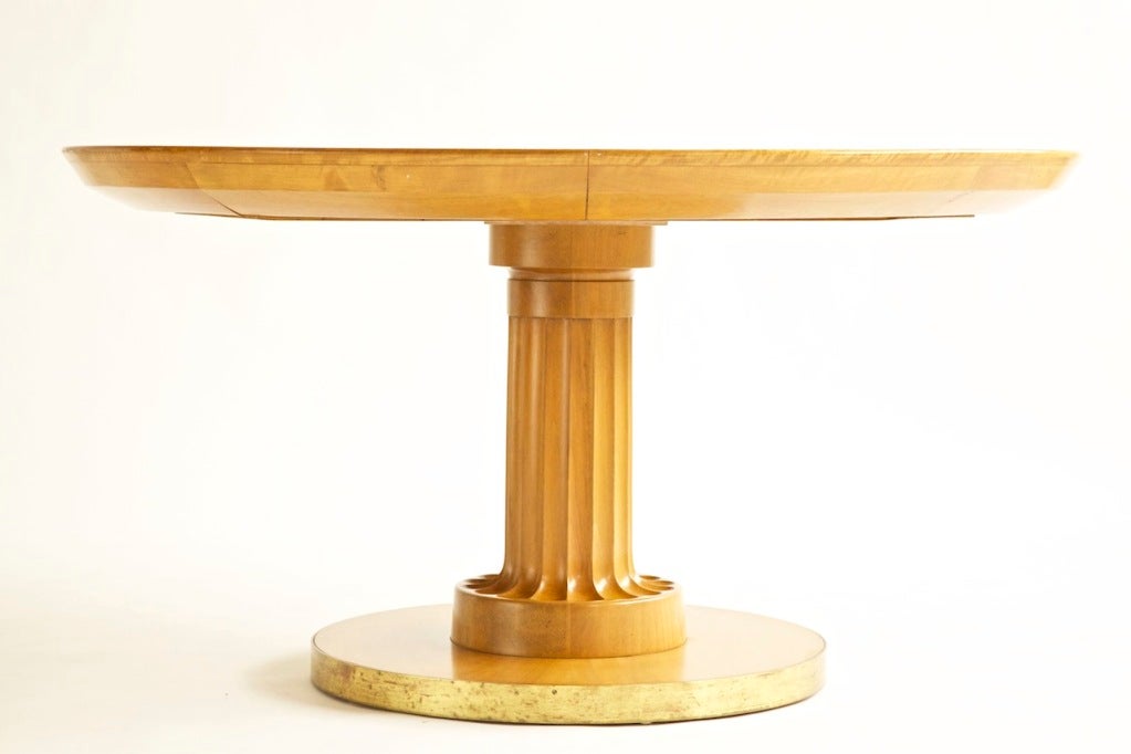 T.H. ROBBSJOHN GIBBINGS for Saridis of Athens Dining Table, Model number 59022
Gibbings takes classic forms and incorporates a Modern idiom.
Center Column detail supports thick beveled top, brass banding and 2 leaves can be used as a Center or