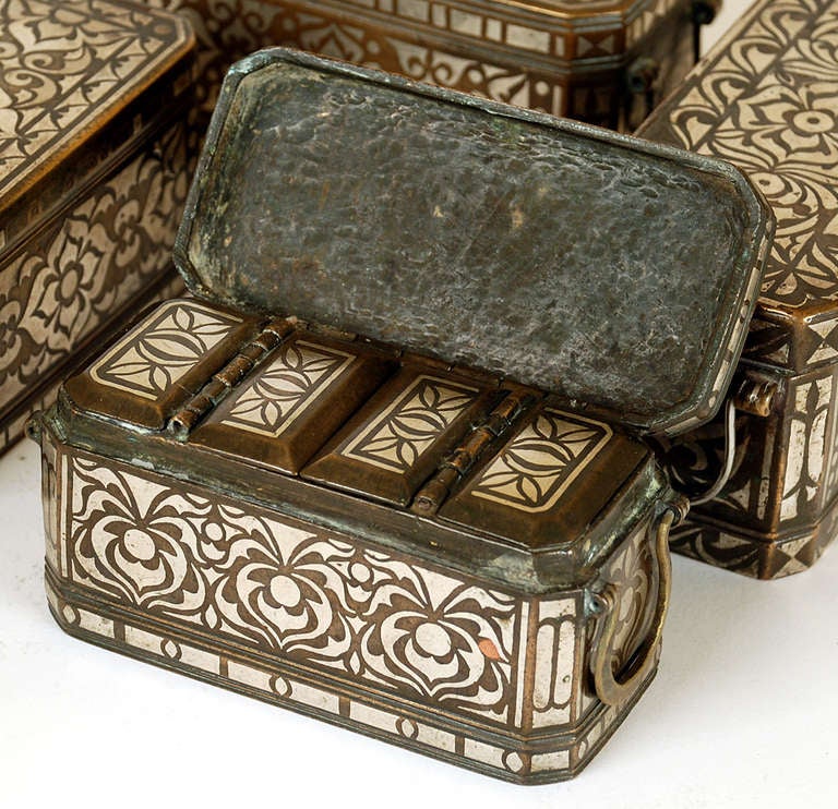 Bronze A Collection of Four Good Silver Inlaid Betel Nut Boxes circa 1900