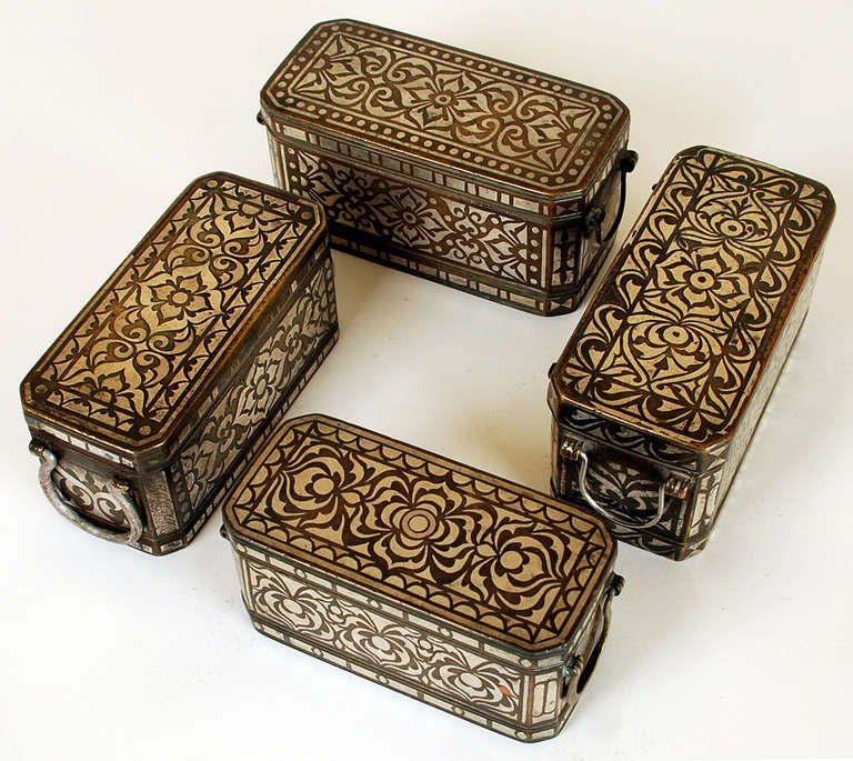 A Collection of Four Good Silver Inlaid Betel Nut Boxes circa 1900 In Excellent Condition In San Francisco, CA