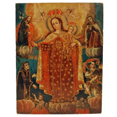 Rare, Large Early 19th Century Spanish Colonial Painting on Board of Our Lady of Mt. Carmel