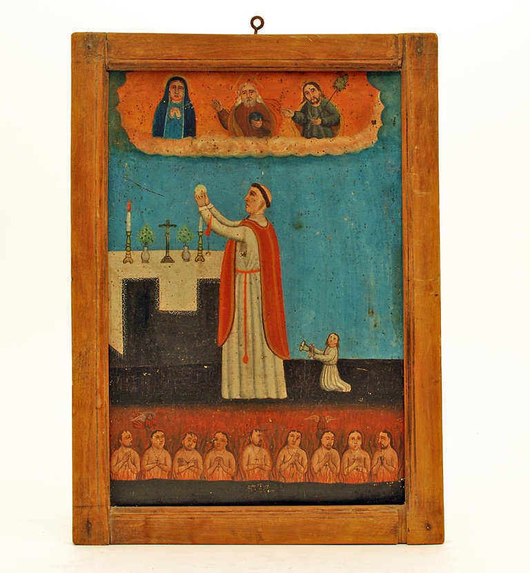 One of the most unusual retablos to come to market is this 19th century San Andres Avelino, shown at the altar, taking communion, with nine anima solas - departed ancestral souls, in the foreground. Saint Andrew of Avelino is invoked for protection