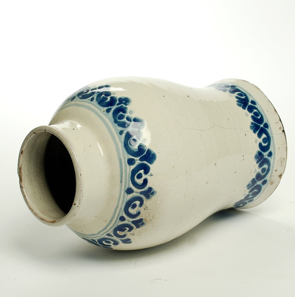 18th Century and Earlier Very Rare Mexican Talavera Poblana Blue on White Florera For Sale