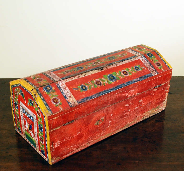 This colorful hand painted and lacquered Mexican chest from the village of Olinala in the State of Guerrero is Mexican folk art at it's best… This charming little baul still retains all of it's original paint --  decorated all over with vibrant and