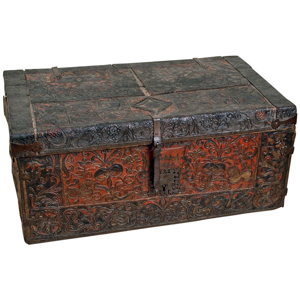 A Superb 17th Century Spanish Colonial Embossed Leather Baul