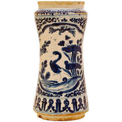 A Fine 18th Century Mexican Talavera Poblana Blue on White Albarello